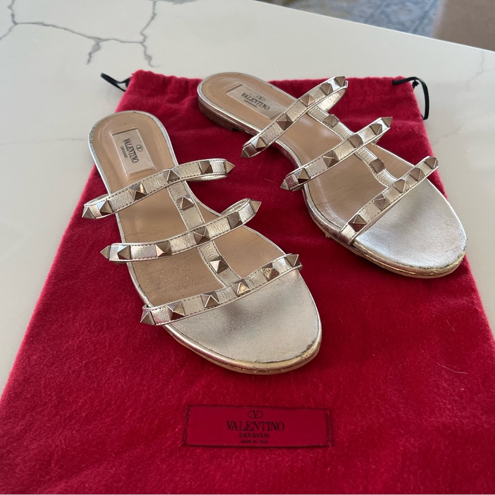 Valentino Garavani - Rockstud Flat Metallic Nappa “Skin” Leather Slides Sandals